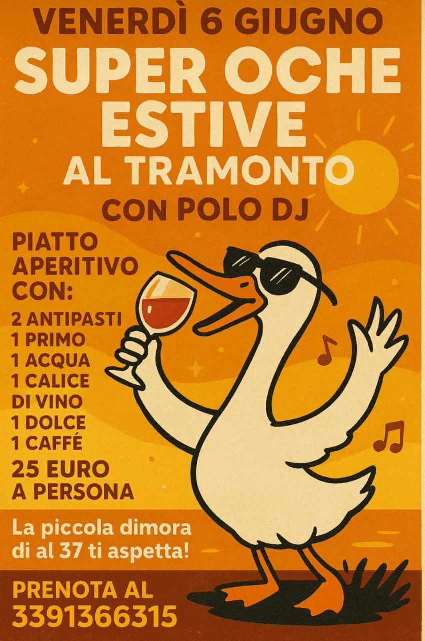 Super Oche Estive al Tramonto  - Via Peveragno 103, Boves (CN) - Aperitivo con Dj Polo
PIATTO
APERITIVO CON:
2 ANTIPASTI
1 PRIMO
1 ACQUA
1 CALICE DI VINO
1 DOLCE
1 CAFFÉ
25 EURO A PERSONA
PRENOTA AL
3391366315