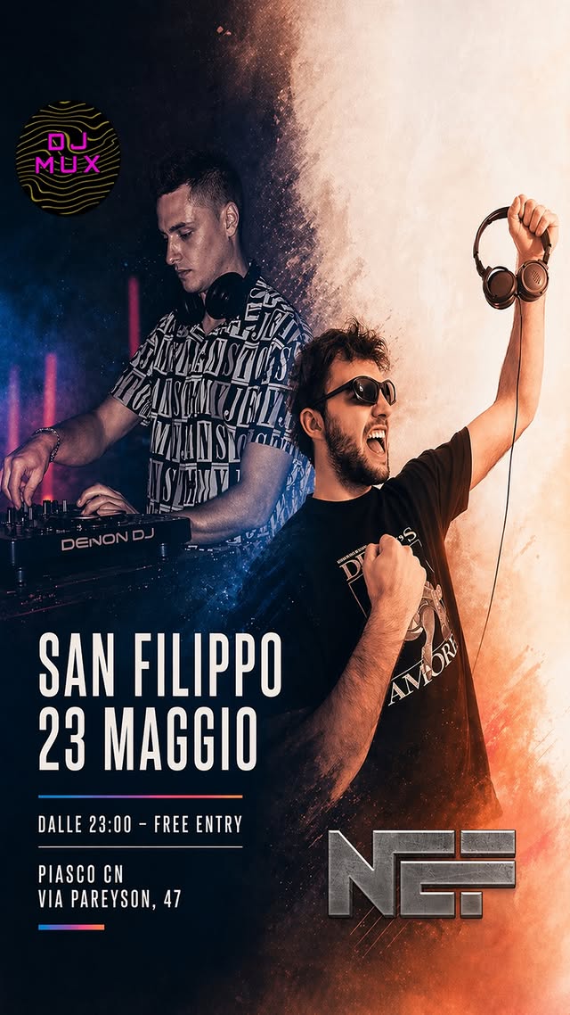 Festa di San Filippo Neri - Patrono dei Giovani - Frazione Sant'Antonio - Campo Sportivo , Piasco (CN) - VENERDÌ 22 MAGGIO 2026in Frazione Sant'Antoniodalle ore 22:30 DJ SET con PITONE e DJ NEF (ingresso gratuito)
SABATO 23 MAGGIO 2026in Frazione Sant'Ant...