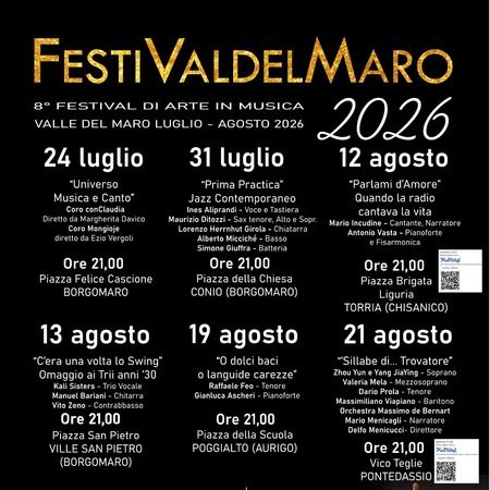 Festival del Maro - piazza della scuola, Aurigo (IM) - Festival del Maro 2026
Raffaele Feo e Gianluca Ascheri
o dolci baci, o languide carezze
ingresso libero
maggiori info: musicartemia@gmail.com
cel...