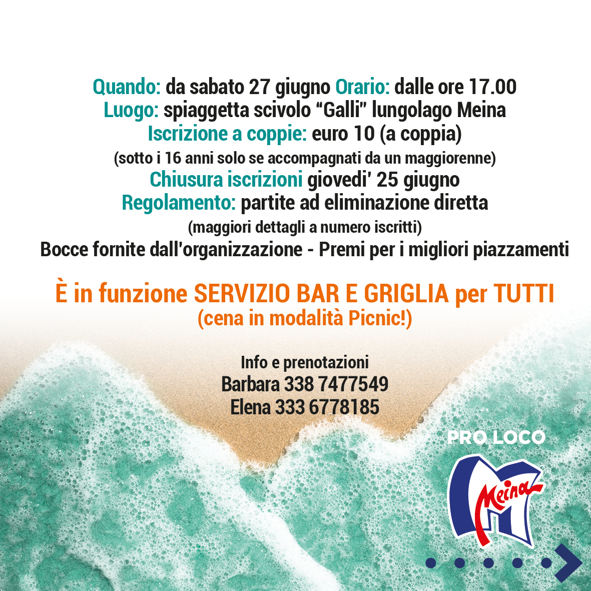 Beach Bôc Food Party – Torneo amatoriale di bocce - Lungolago Meina (Spiaggetta scivolo “Galli), Meina (NO) - 🇮🇹 Beach Bôc Food Party – Torneo amatoriale di bocce🗓 Sabato 27 giugno dalle ore 17:00📍 Spiaggetta scivolo “Galli” – Lungolago Meina (NO)Iscrizione a...