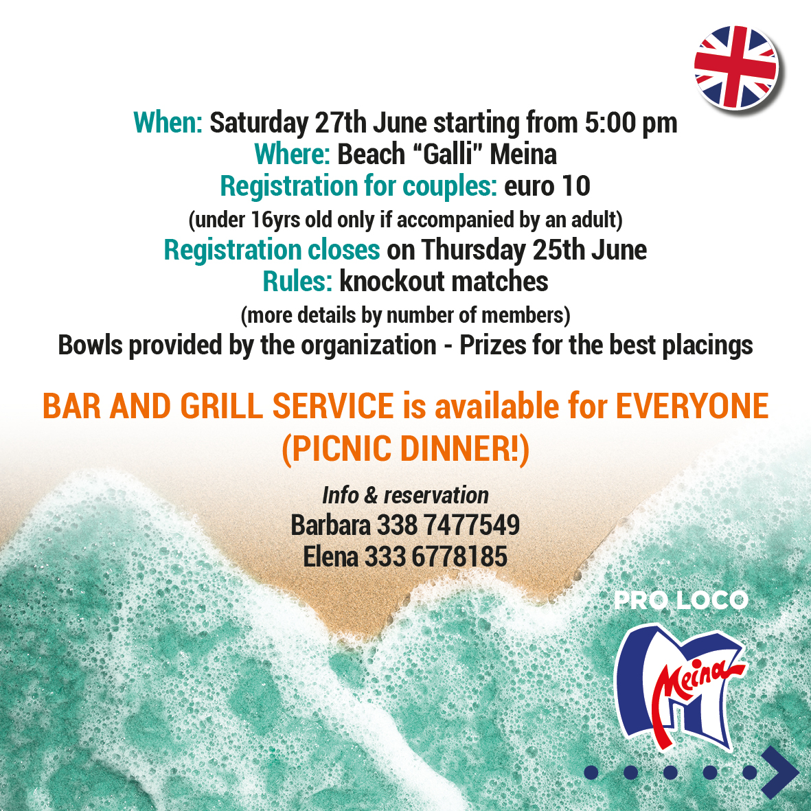 Beach Bôc Food Party – Torneo amatoriale di bocce - Lungolago Meina (Spiaggetta scivolo “Galli), Meina (NO) - 🇮🇹 Beach Bôc Food Party – Torneo amatoriale di bocce🗓 Sabato 27 giugno dalle ore 17:00📍 Spiaggetta scivolo “Galli” – Lungolago Meina (NO)Iscrizione a...