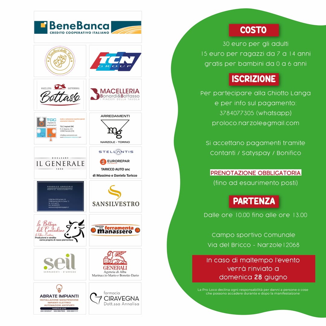 La GhiottoLanga - Città e dintorni, Narzole (CN) - Domenica 21 giugno 2026ISCRIZIONI APERTE FINO AD ESAURIMENTO POSTINuovo percorso di 7km Per info non esitate a contattarci 💚Si consigliano scarpe e a...