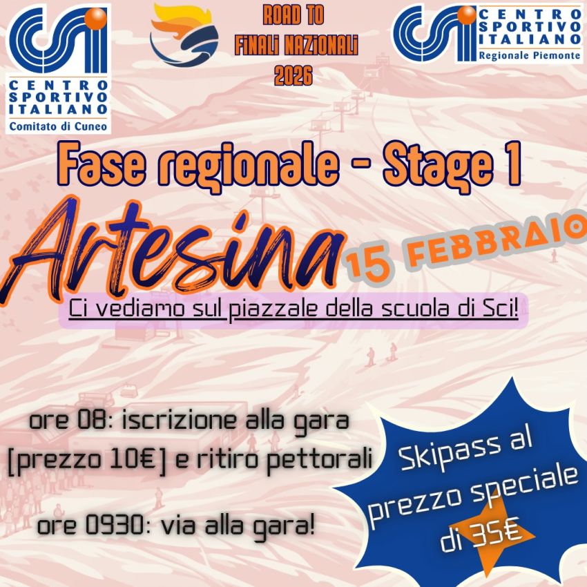 Road to Finali Nazionali 2026: Al via la Fase Regionale ad Artesina - Artesina (Mondolè Ski)., Frabosa Sottana (CN) - Road to Finali Nazionali 2026: Al via la Fase Regionale ad Artesina!
Sei pronto a scendere in pista? Il CSI Piemonte e il Comitato di Cuneo aprono uff...