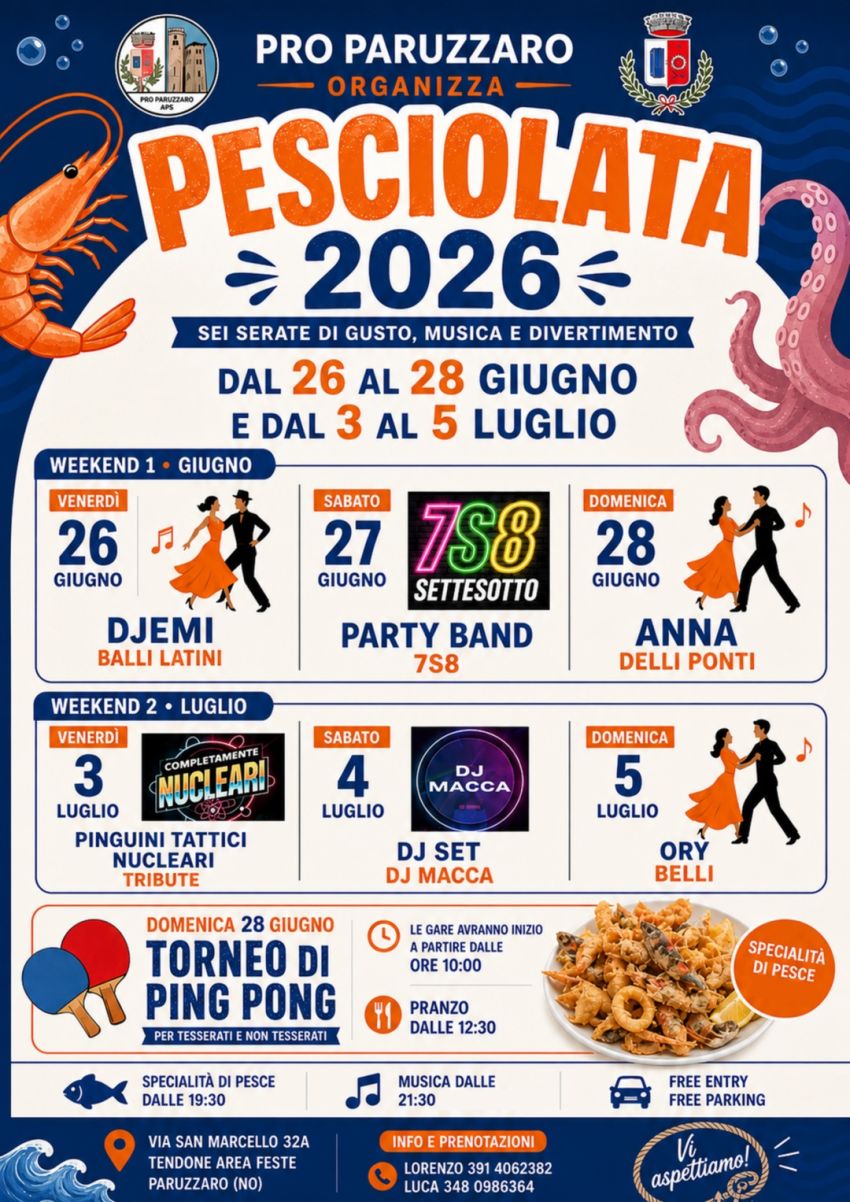 PESCIOLATA 2026 - Via San Marcello 32/A, Paruzzaro (NO) - 🔥 Non è solo una sagra… è LA PESCIOLATA DI PARUZZARO!Due weekend di PESCE, risate, musica e tanto divertimento estivo 🌞🦐🕺💃
 
📍 Via San Marcello...