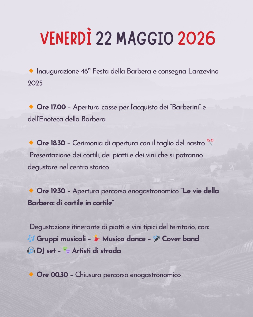 FESTA DELLA BARBERA - Centro città, Castagnole delle Lanze (AT) - 
 


Ecco il programma della 46ª Festa della Barbera!🍷 VENERDÌ 22 MAGGIO 2026🔸 Inaugurazione 46ª Festa della Barbera e consegna Lanzevino 2026🔸 Ore...