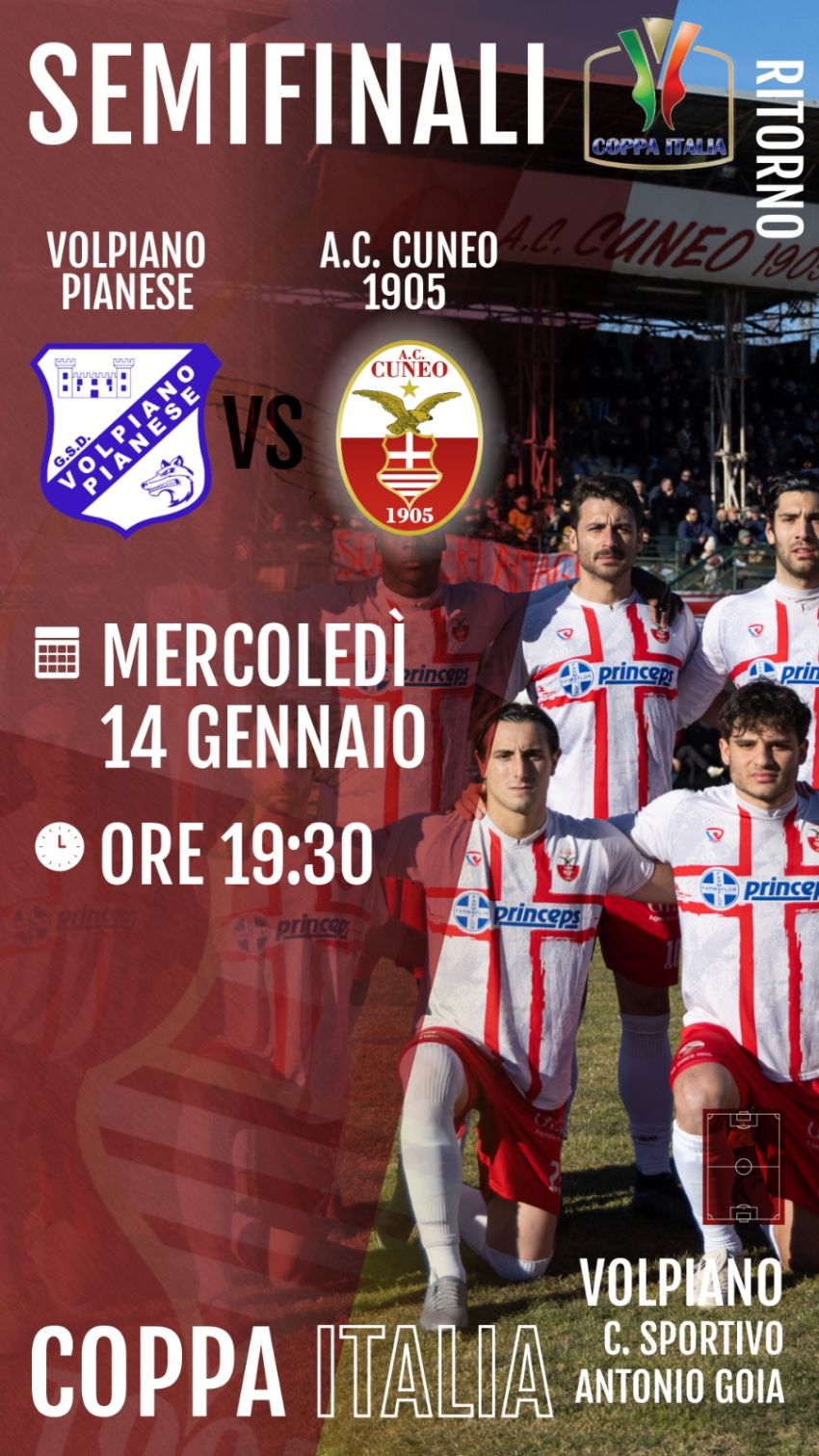 SEMIFINALE COPPA ITALIA - Via Trento, 10088 Volpiano TO, Volpiano (TO) - È tempo di verdetti.Mercoledì sera il Cuneo scende in campo a Volpiano per la semifinale di ritorno di Coppa Italia Eccellenza.
Una sfida che vale una...