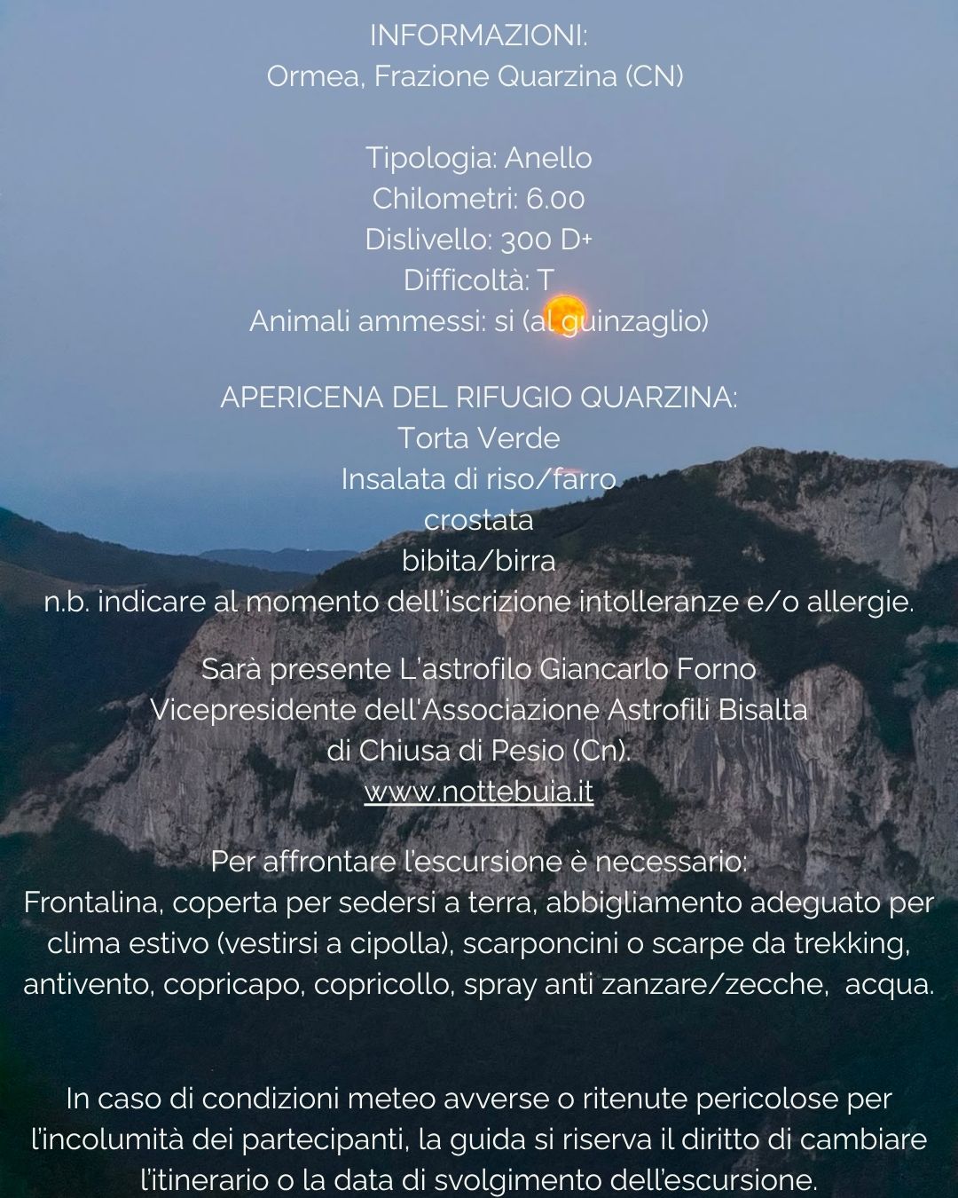 AperiCosmos - Frazione Quarzina, Ormea (CN) - 𝘼𝙥𝙚𝙧𝙞𝘾𝙤𝙨𝙢𝙤𝙨
📍 Valle Tanaro -  Fraz. Quarzina
📅Venerdì 31 luglio
🕣 ore 19.45
🥾 6 km - 300 D+
Un’esperienza unica nel cuore della Valle Tanaro, dove...