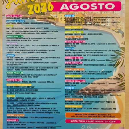 Fiera di Santo Stefano - Centro citta', Santo Stefano al Mare (IM) - Fiera di Santo Stefano
dalle 8.00 fiera
Ore 21.00 santa messa e processione 
Ore 22.45 spettacolo pirotecnico