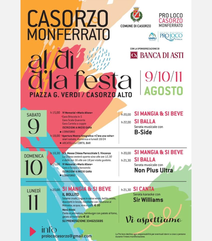 Al dì d’la Festa - Piazza G. Verdi, Casorzo Alto, Casorzo (AT) -  

“Al dì d’la Festa” a Casorzo Monferrato!📍 Piazza G. Verdi, Casorzo Alto📅 9, 10 e 11 agostoTre giorni di giochi, mostre, musica dal vivo, buon cib...