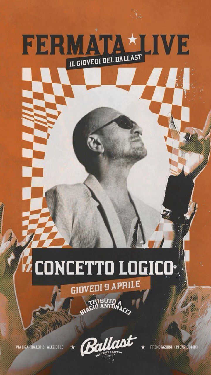 Fermata Live Concetto Logico - Via Giuseppe Garibaldi 13 (Ballast), Alezio (LE) - 𝗙𝗘𝗥𝗠𝗔𝗧𝗔 𝗟!𝗩𝗘
Il giovedì del Ballast

𝗖𝗢𝗡𝗖𝗘𝗧𝗧𝗢 𝗟𝗢𝗚𝗜𝗖𝗢
Giovedì 9 Aprile
Start ore 22:00

⸻

👉 Una nuova fermata che profuma di emozioni vere,...