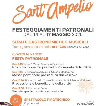 Festa di Sant'Ampelio - Centro citta', Bordighera (IM) - 🎉 Sant’Ampelio 2026
A Bordighera si festeggia dal 14 al 17 maggio!
Quattro giornate da vivere tra tradizione, musica, specialità gastronomiche e un...