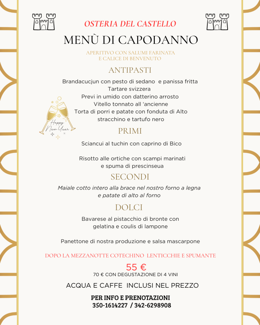 Capodanno all 'Osteria del Castello - Via Castello 2, Alto (CN) - Festeggia l’arrivo del nuovo anno con un menù che unisce tradizione, creatività e sapori autentici.