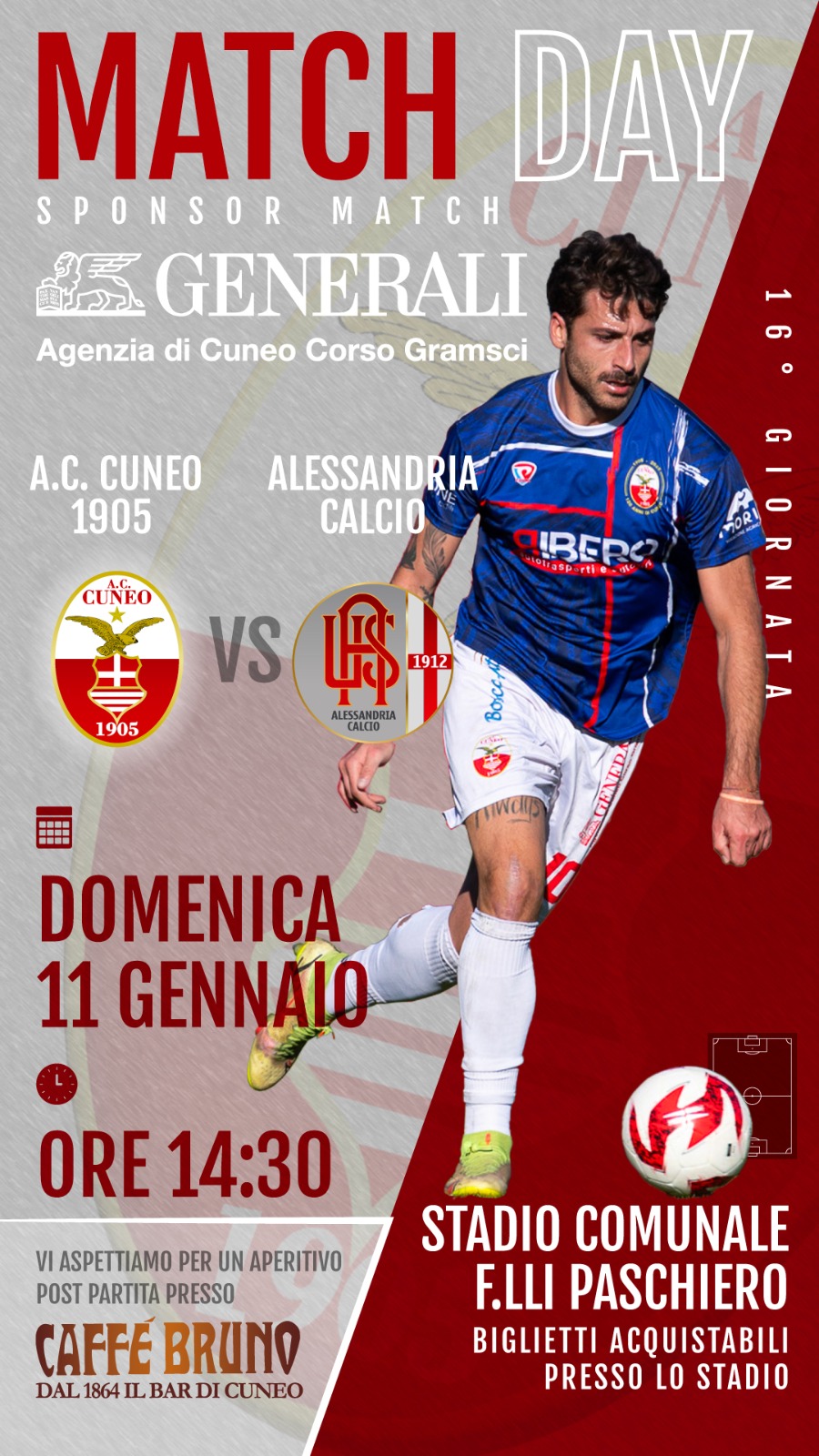 A.C. CUNEO 1905 VS ALESSANDRIA CALCIO - STADIO F.LLI PASCHIERO, Cuneo (CN) - Domenica 11 gennaio alle ore 14:30 torna il grande calcio allo Stadio Fratelli Paschiero!
Il Cuneo 1905 affronta l’Alessandria in una sfida di altissi...