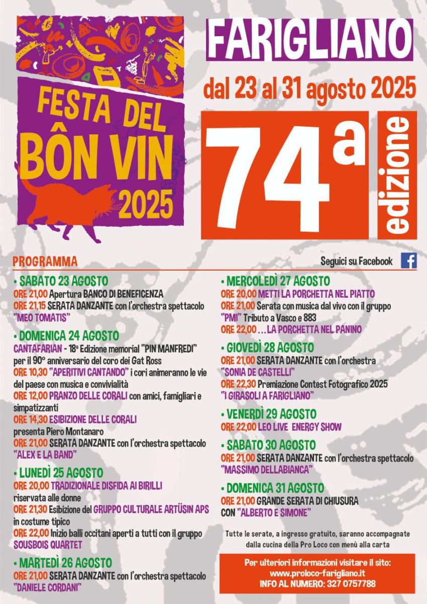 Festa del Bon Vin 2025 - 74a edizione - Centro città, Farigliano (CN) - Ecco il programma della Festa del Bon Vin edizione 2025 che si svolgerà dal 23 al 31 agosto! Un appuntamento imperdibile per ognuno dei 9 giorni della...