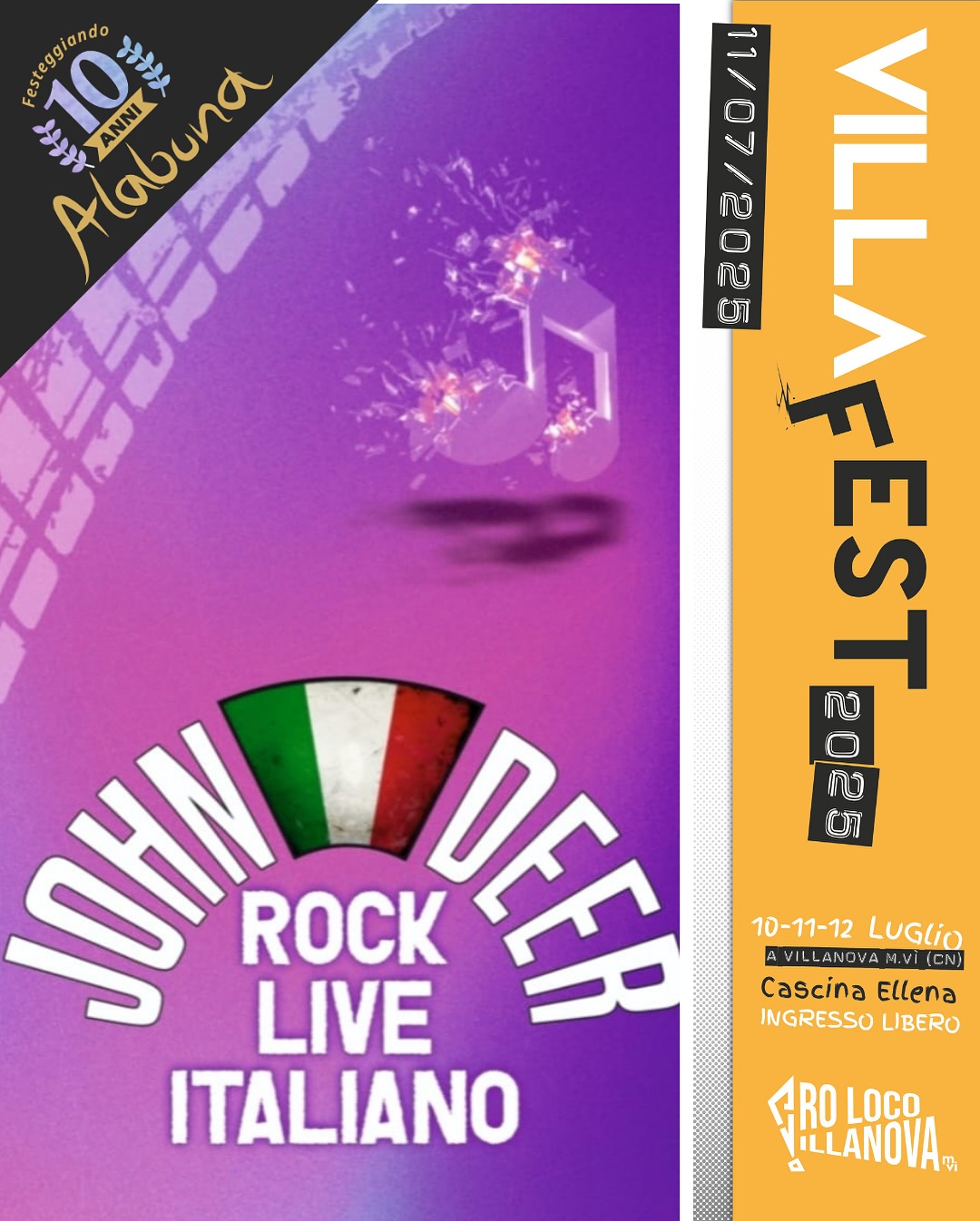 Alabuna Fest - 10 anni con voi - piazza Filippi (Cascina Ellena), Villanova Mondovì (CN) - 
 


🥳🍻 Siete ufficialmente TUTTI INVITATI alla nostra festa di compleanno!! 🍻🥳L’11 luglio 2025nella cornice del @villafest_official vi aspettiamo...