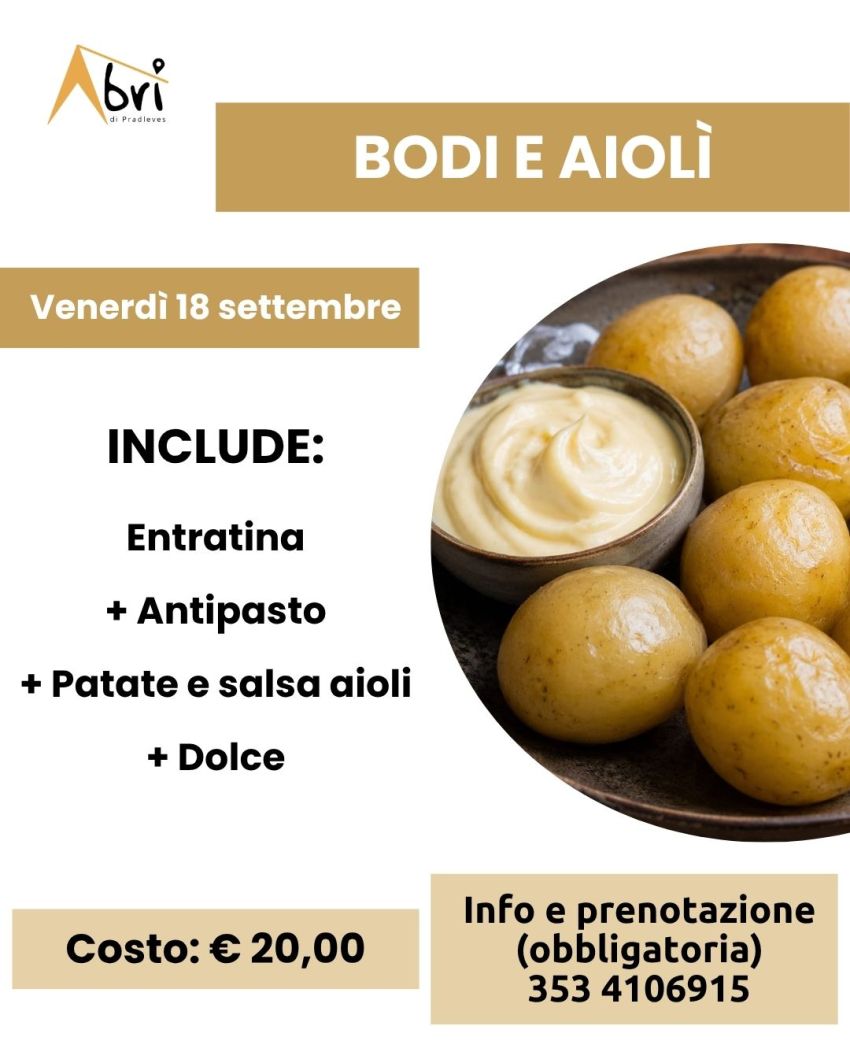 SERATE GASTRONOMICHE ALL'ABRI' - Bodi e aiolì - Via Nazzari, 3, Pradleves (CN) - 
 𝗕𝗼𝗱𝗶 𝗲 𝗮𝗶𝗼𝗹ì
 Venerdì 18 settembre 2026
 


Il prossimo venerdì ci sarà il primo appuntamento delle serate gastronomiche di settembre e ti proponiam...