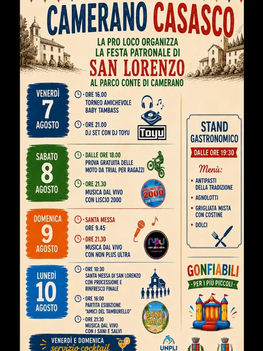 FESTA DI CAMERANO - Parco Conte di Camerano, Camerano Casasco (AT) - FESTA DI CAMERANO!🎊🎑😋Anche quest'anno vi aspettiamo per mangiare, bere e ballare insieme!- 7 Agosto: Stand gastronomico, Dj e servizio cocktail 🍸!...