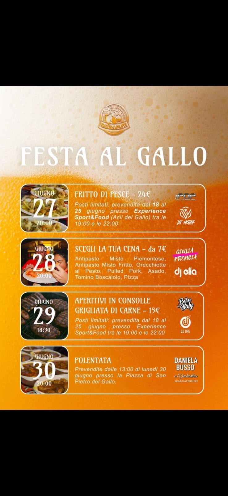 Una Birra al Gallo  - Piazza San Pietro del Gallo, Cuneo (CN) - Torna come ogni anno l'appuntamento a San Pietro del Gallo!
Vi aspettiamo con tanto cibo, musica, cocktail e fiumi di Birra! 
seguiteci su Instagram e...