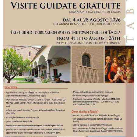 VISITE GUIDATE GRATUITE - Piazza IV Novembre, Taggia (IM) - 🏛️ VISITE GUIDATE GRATUITE A TAGGIA – 29ª EDIZIONE
📅 Dal 4 al 28 agosto 2026
🗓️ Ogni martedì e venerdì
🕟 Ore 16:30
📍 Ritrovo: Piazza IV Novembr...