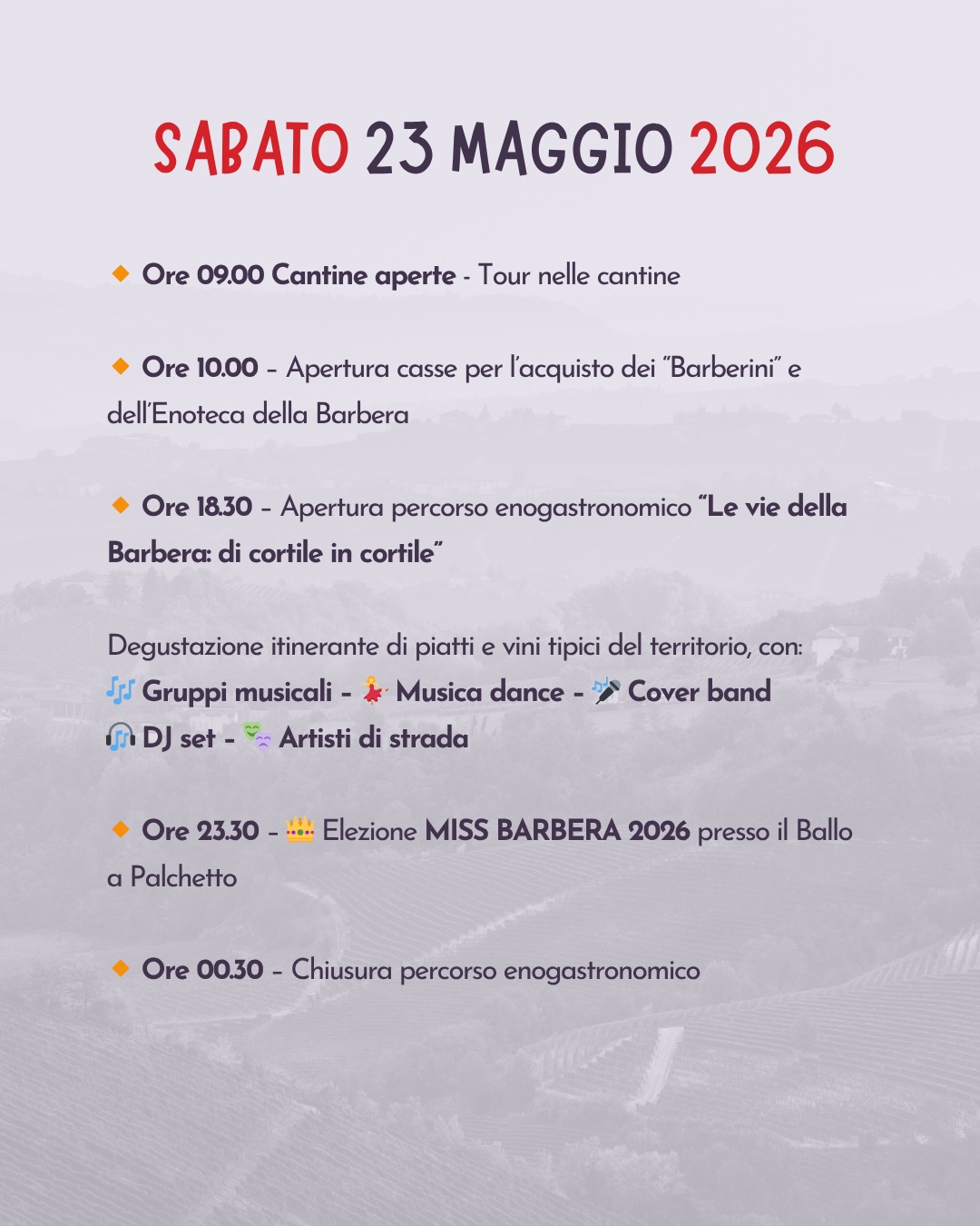 FESTA DELLA BARBERA - Centro città, Castagnole delle Lanze (AT) - 
 


Ecco il programma della 46ª Festa della Barbera!🍷 VENERDÌ 22 MAGGIO 2026🔸 Inaugurazione 46ª Festa della Barbera e consegna Lanzevino 2026🔸 Ore...