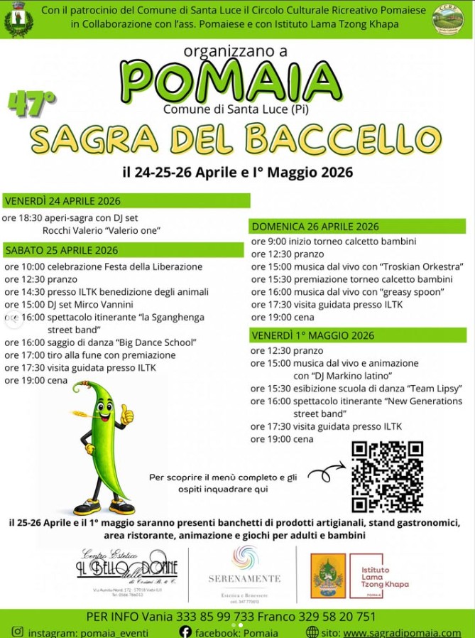 47ª edizione della Sagra del Baccello – Pomaia 2026 - pomaia, Santa Luce (PI) - 🎉 Torna la tradizione! 🎉47ª edizione della Sagra del Baccello – Pomaia 2026Profumi, sapori e musica che raccontano la nostra terra ❤️Vi aspettiamo p...