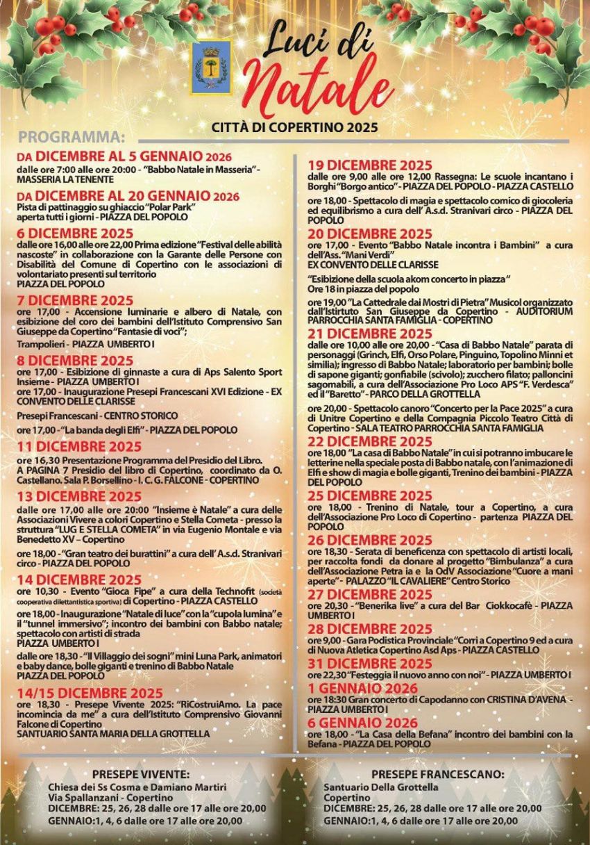 Luci di Natale - (Copertino), Copertino (LE) - Un ricco programma di festeggiamenti con bellissimi spettacoli dedicati ai ragazzi ed alle famiglie. Una splendida sorpresa per la notte del 31 es un...