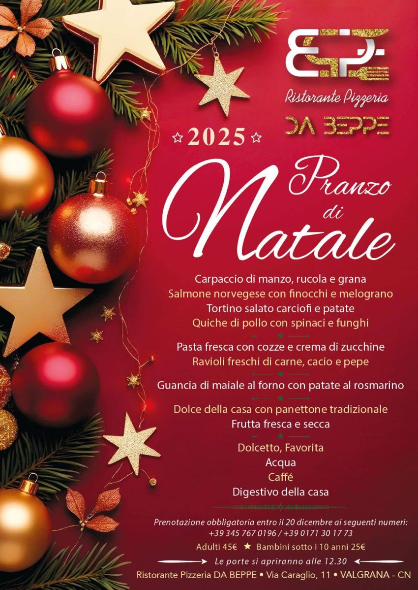 Pranzo di Natale 2025 Cuneo | Ristorante Pizzeria Da Beppe Valgrana - Ristorante Pizzeria da Beppe, Valgrana (CN) - Pranzo di Natale 2025 al Ristorante Da Beppe a Valgrana (Cuneo)
 
Trascorri il giorno di Natale in un’atmosfera magica e calorosa al Ristorante Pizzer...
