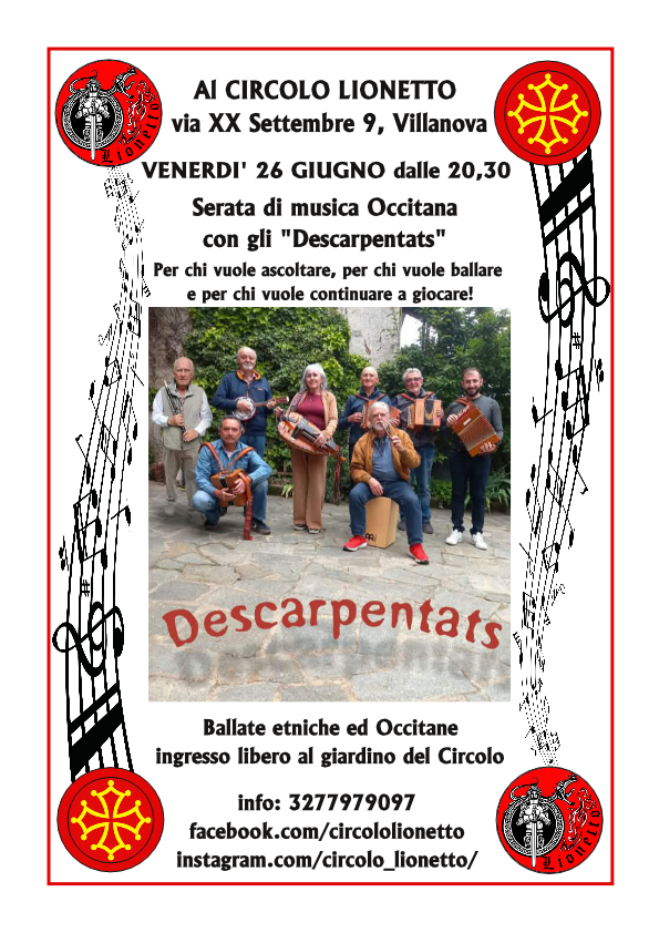 Serata di musica Occitana - via XX settembre 9, Villanova Mondovì (CN) - Concerto del gruppo occitano Descarpentats (gli spettinati) nel giardino del Circolo Lionetto. Musica etnica e occitana. Ingresso libero dalle 20,30:...