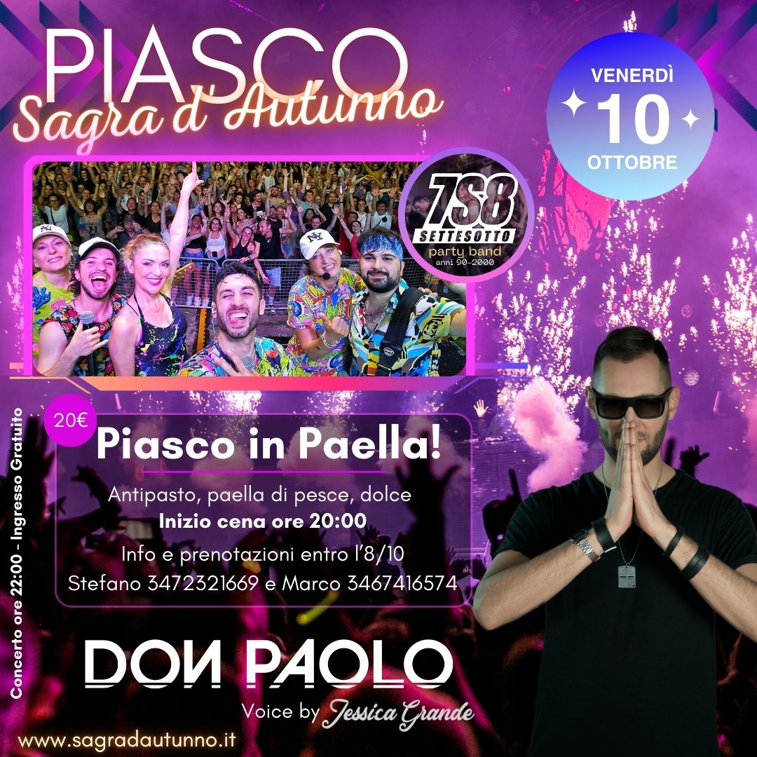 36^ Sagra d'Autunno - P.zza Biandrate e Vie del paese, Piasco (CN) - Dal 10 al 14 ottobre 2025: cinque giorni di musica, spettacoli, buon cibo e tradizione
Piasco si prepara ad accogliere la 36ª edizione della Sagra d’A...