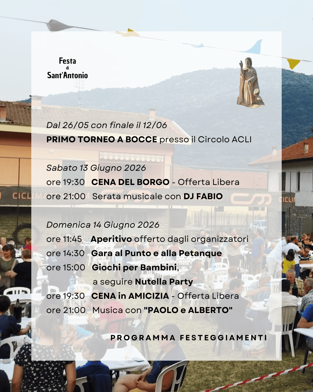 Festa di Sant'Antonio - Piasco - Frazione Sant'Antonio - Campo Sportivo , Piasco (CN) - Festeggiamenti del Santo Patrono dell'omonima frazione Piaschese

FUNZIONI RELIGIOSE
-----------------------------------------------------------------...