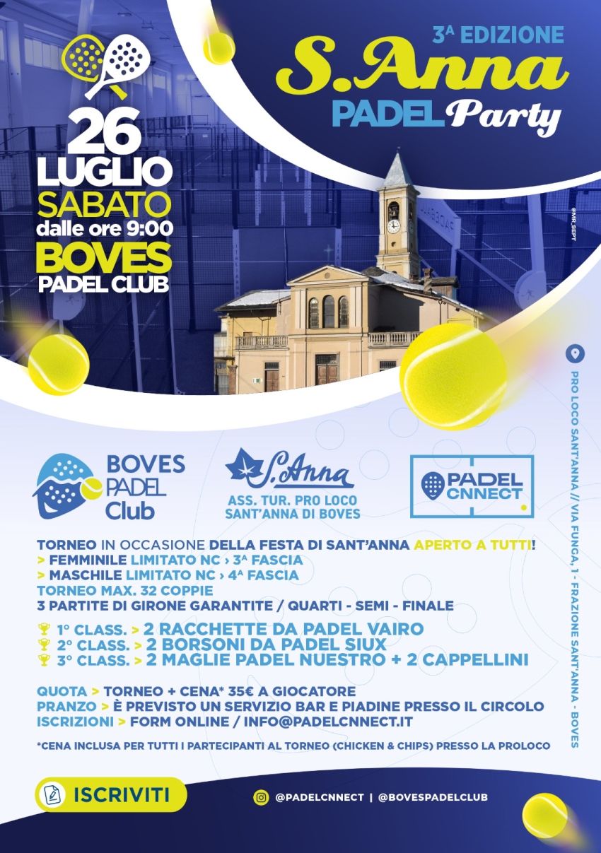 3^ S.Anna Padel Party - Via Funga, 1, Boves (CN) - Torna acclamatissimo il 3^ S.Anna Padel Party!Vi aspettiamo numerosi, le iscrizioni sono già aperte🎾
📢📲 Iscriviti compilando il form al seguente li...