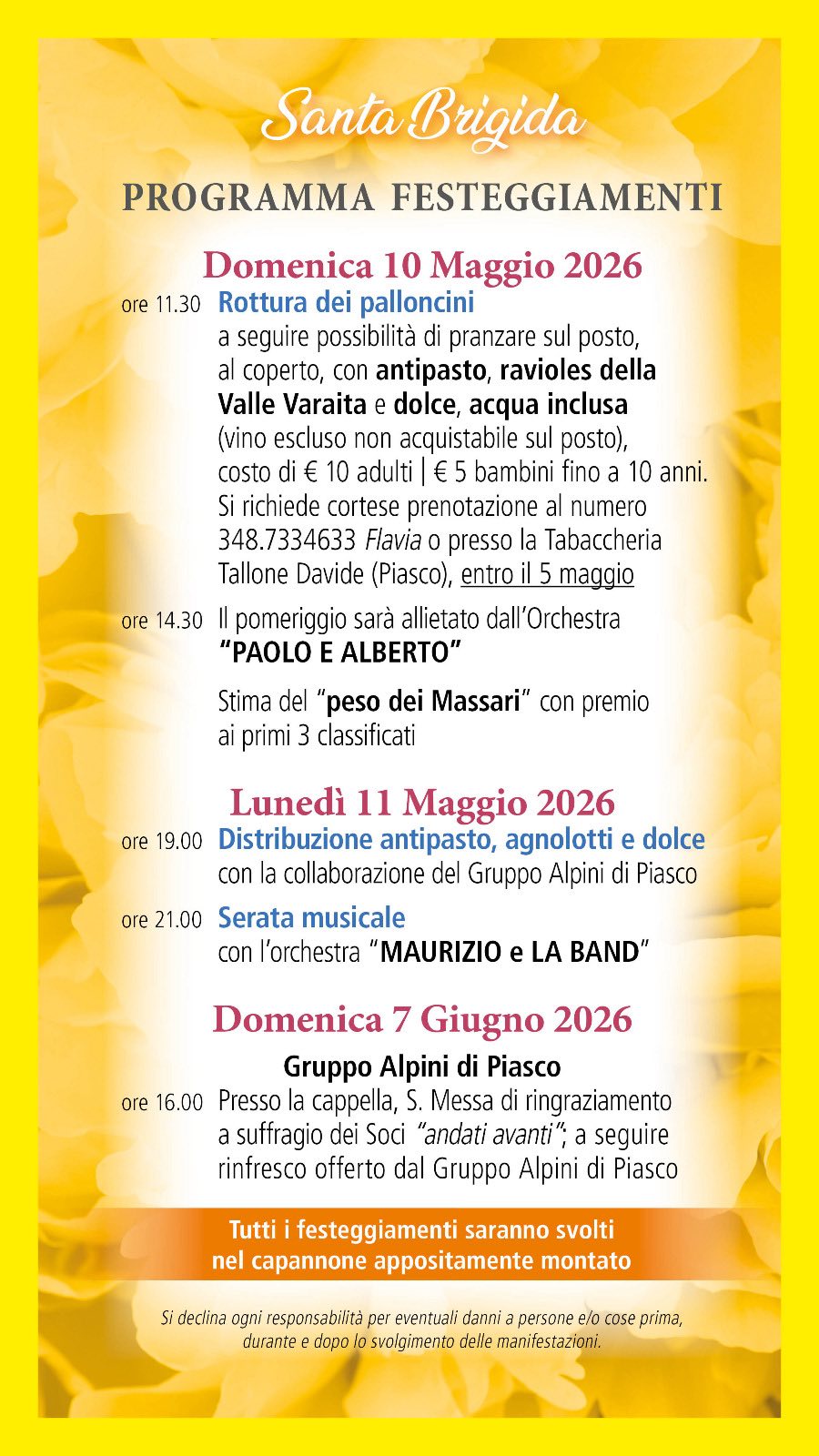 Festa di Santa Brigida 2026 - Cappella di Santa Brigida, Piasco (CN) - Giovedì 7 - Venerdì 8 - Sabato 9 Maggio
ore 20,30 - S. Rosario alla Cappella
Sabato 9 Maggio
ore 20,30 - S. Rosarioa seguire Rinfresco offerto dai Mas...