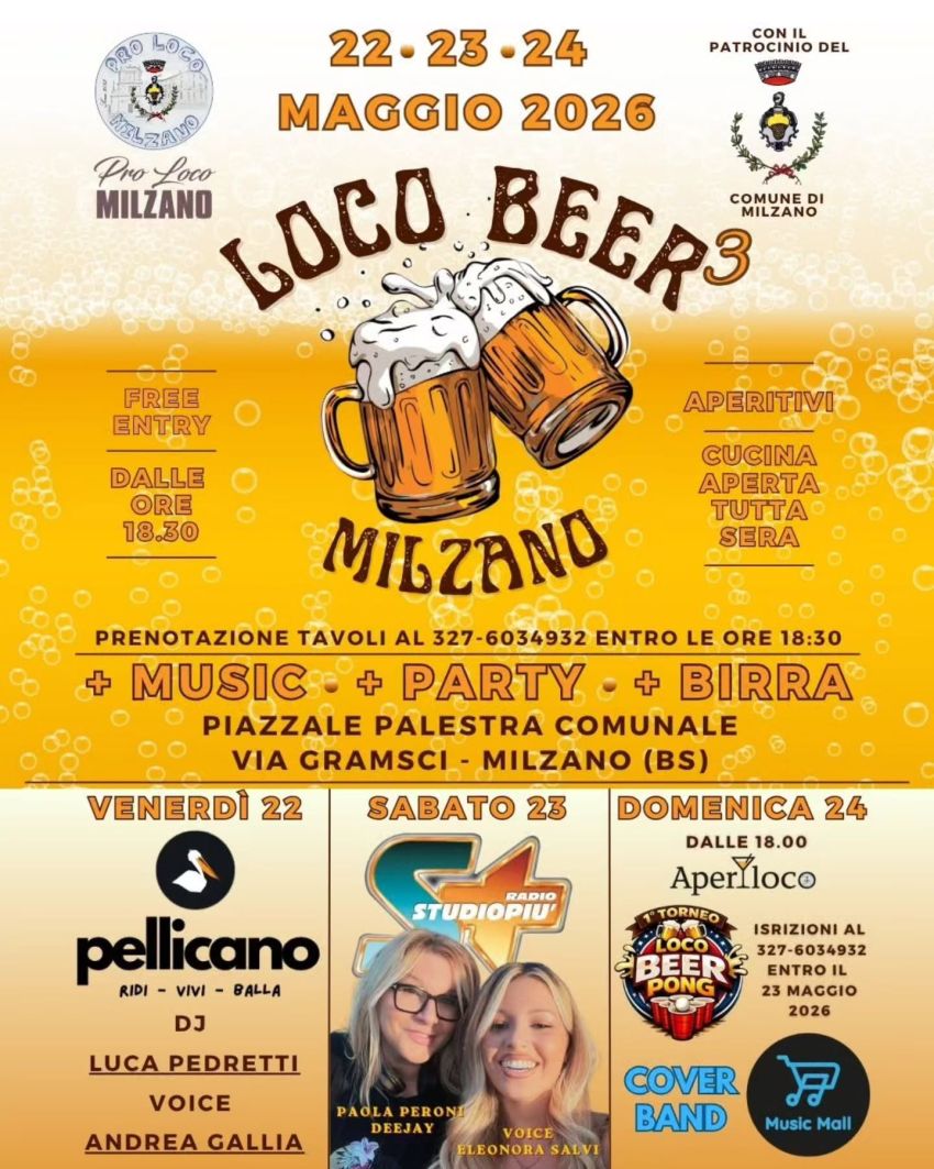 LOCO BEER - Via Gramsci (Piazzale Palestra Comunale), Milzano (BS) - 📅22/23/24 Maggio📍Piazzale PalestraMilzanoBuon cibo, ottima birra e musica top!🍺🍺🍺🍻🍻🍻
🎵 Il Programma delle Serate
VENERDÌ 22 MAGGIO
La festa i...