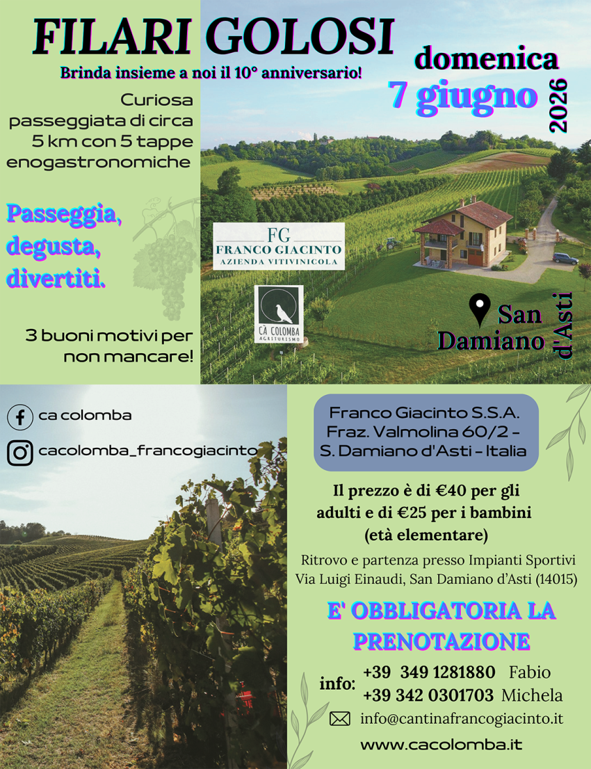 FILARI GOLOSI - via Luigi Einaudi (Impianti Sportivi), San Damiano d'Asti (AT) - 🇮🇹 Un buon allenamento deve essere costante🍷💪🏻. Noi ci stiamo già preparando a degustare per DOMENICA 7 GIUGNO in occasione di FILARI GOLOSI. La no...