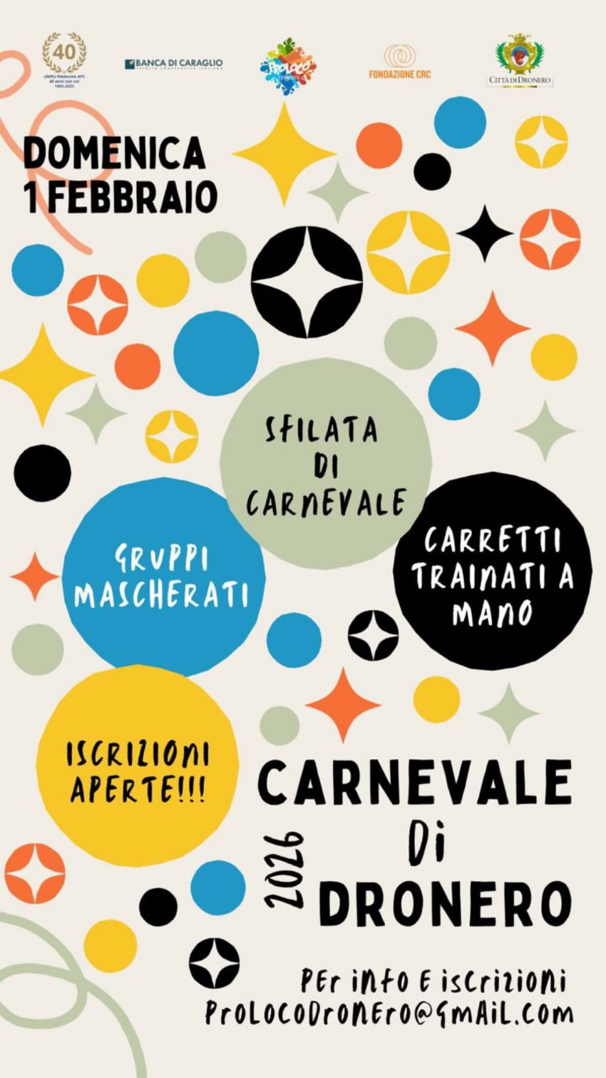 Carnevale a Dronero 2026 - Piazza Martiri della Libertà, Dronero (CN) - 🎭 TORNA IL CARNEVALE A DRONERO 🎭
Domenica 1 febbraio, a Dronero, gruppi mascherati, carretti trainati a mano e maschere allegoriche rappresentative...