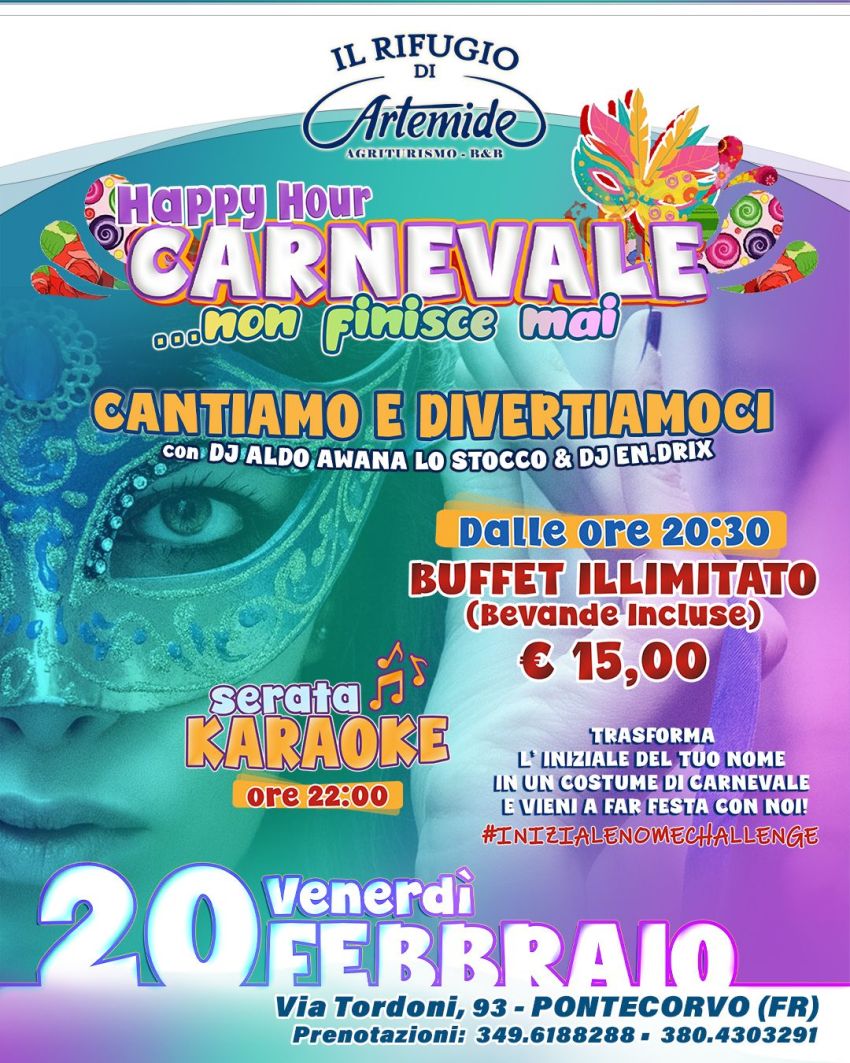 Carnevale… non finisce mai - happy hour - Il Rifugio di Artemide – Via Tordoni 93, Pontecorvo (FR), Pontecorvo (FR) - Nuova Onda Generazionale e Pikrace saranno ospiti speciali de “Il Rifugio di Artemide”!Preparati a una serata dove il Carnevale… non finisce mai. Prog...