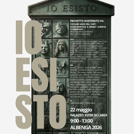 Evento culturale-artistico - Palazzo Ester Siccardi, Albenga (SV) - 🎨 “IO ESISTO”
Arte, memoria, diritti e cittadinanza attiva si incontrano nel progetto realizzato in collaborazione con ANPI Albenga e il Liceo Artis...