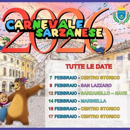 Carnevale Sarzanese - Centro citta', Sarzana (SP) - A grande, ma cosa diciamo grande, a grandissima richiesta, ecco tutte le date del Carnevale Sarzanese 2026:
📅 7 febbraio - Centro Storico
📅8 febbr...