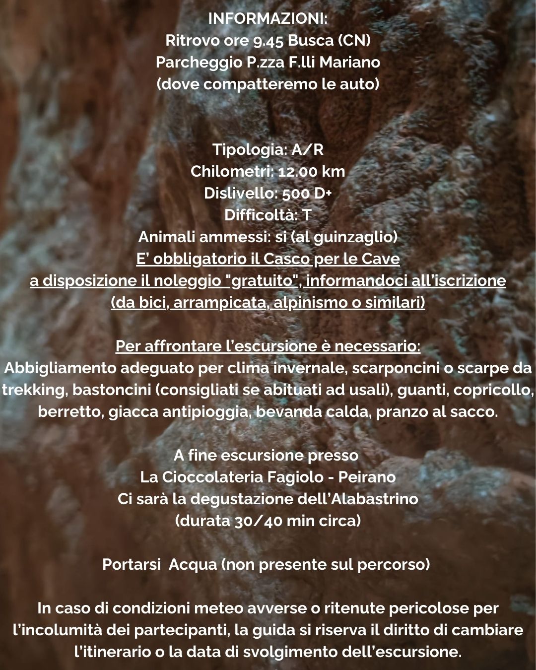 Cave di Alabastro e Monte Pagliano - Cave Alabastro, Busca (CN) -  🍫 𝗖𝗮𝘃𝗲 𝗱𝗶 𝗔𝗹𝗮𝗯𝗮𝘀𝘁𝗿𝗼 𝗲 𝗠. 𝗣𝗮𝗴𝗹𝗶𝗮𝗻𝗼 🪨 
🗓️ 𝟯𝟭 𝗚𝗲𝗻𝗻𝗮𝗶𝗼 
🥾 𝟭𝟮 𝗸𝗺 𝟱𝟬𝟬 𝗗+
👣 𝗗𝗶𝗳𝗳𝗶𝗰𝗼𝗹𝘁à 𝗧
⏰ 𝗣𝗮𝗿𝘁𝗲𝗻𝘇𝗮 𝗼𝗿𝗲 𝟭𝟬.𝟬𝟬
📝 Iscrizione obbligatoria entro il 𝟯𝟬 𝗴𝗲...