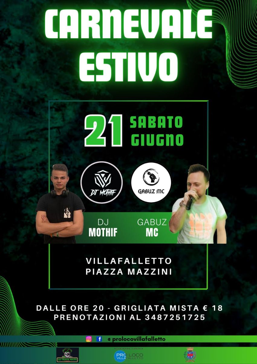 GRANDE GRIGLIATA & CARNEVALE ESTIVO CON DJ MOTHIF - Piazza Mazzini , Villafalletto (CN) - La seconda serata pensata per i giovani si apre con la nostra GRIGLIATA MISTA, anche Lei ormai una tradizione 🍖🥩🍟
A seguire ci terranno compagnia D...