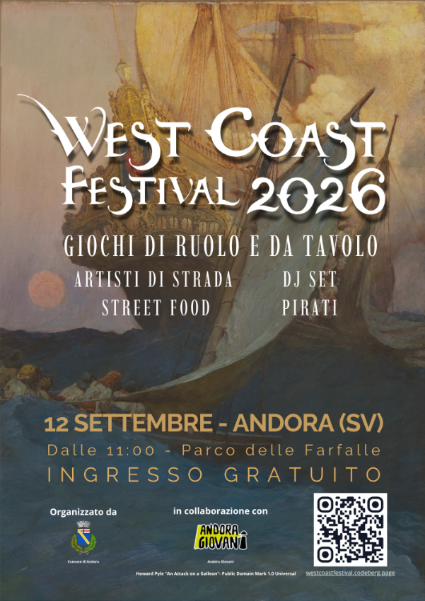 WEST COAST FESTIVAL 2026 - Parco delle Farfalle, Andora (SV) - WEST COAST FESTIVAL 2026
🎟️ INGRESSO GRATUITO!
📍 Andora (SV)
📅 12 Settembre 2026
🕙 Dalle 11:00 del mattino
🎲 Giochi di ruolo e da tavolo
✨ Artist...