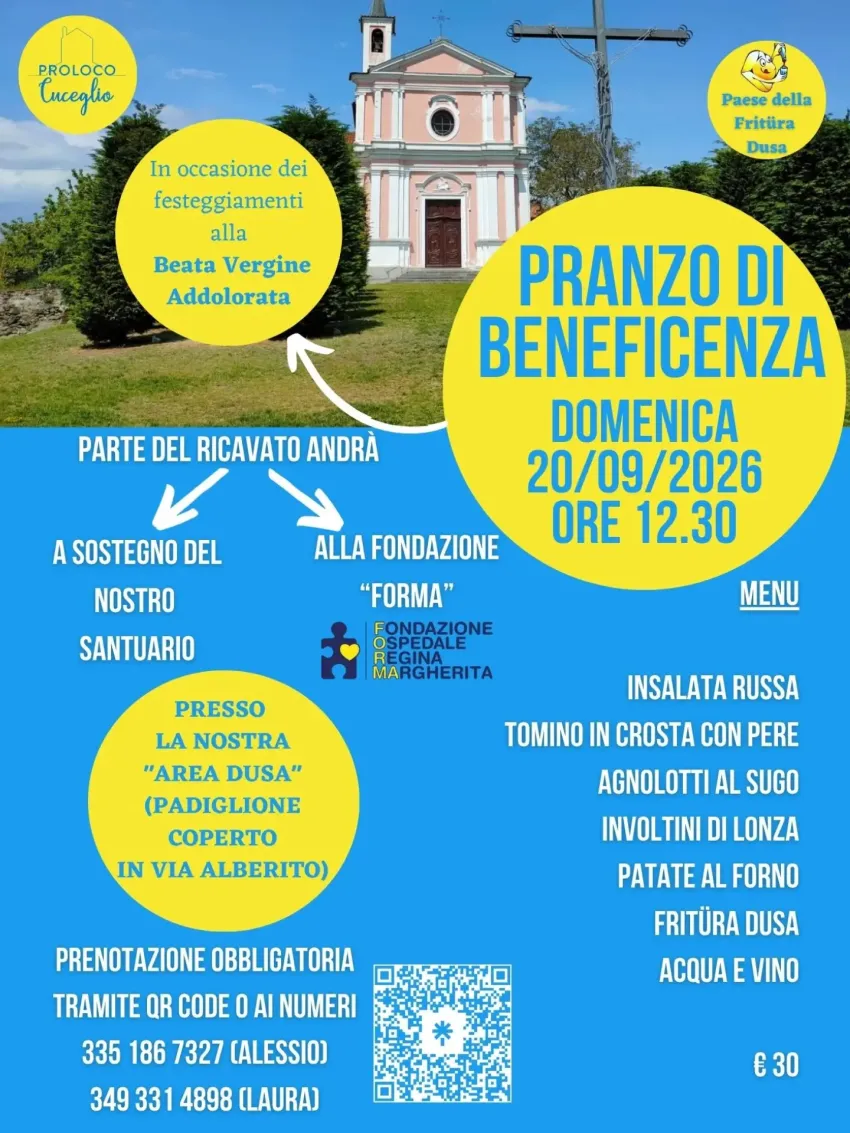 PRANZO DI BENEFICENZA - Centro città, Cuceglio (TO) - ✨ Un pranzo insieme per fare del bene✨️La Pro Loco vi aspetta domenica 20 settembre alle ore 12.30presso l’Area Dusa per un pranzo all’insegna del b...