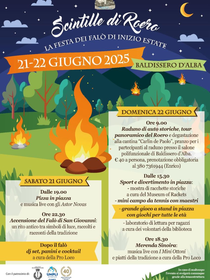 Scintille di Roero – La Festa dei Falò di Inizio Estate - Centro città di Baldissero d'Alba, Baldissero d'Alba (CN) -
Un weekend di emozioni, tradizione e divertimento con “Scintille di Roero – La Festa dei Falò di Inizio Estate”, in programma il 21 e 22 giugno 2025...
