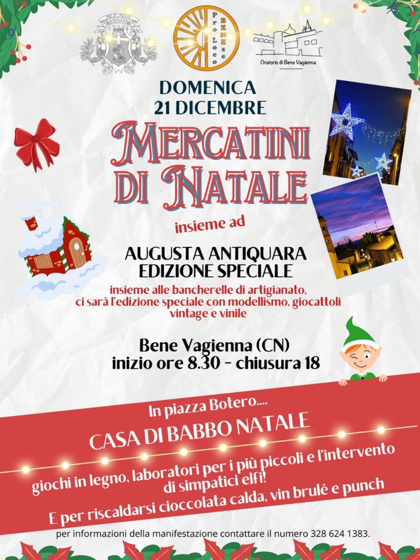 Mercatini di Natale a Bene Vagienna – Edizione Speciale Augusta Antiquaria - Centro, Bene Vagienna (CN) - 🎄 Mercatini di Natale a Bene Vagienna – Edizione Speciale Augusta Antiquaria 🎅
📅 Domenica 21 dicembre📍 Bene Vagienna (CN) – Dalle 8:30 alle 18:00...