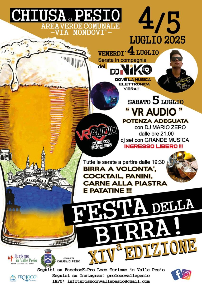 Festa della Birra - XIVa Edizione - Via Mondovì (area verde comunale), Chiusa di Pesio (CN) - FESTA DELLA BIRRA! e LUGLIO!Non mancare a questo evento estivo a Chiusa di Pesio!