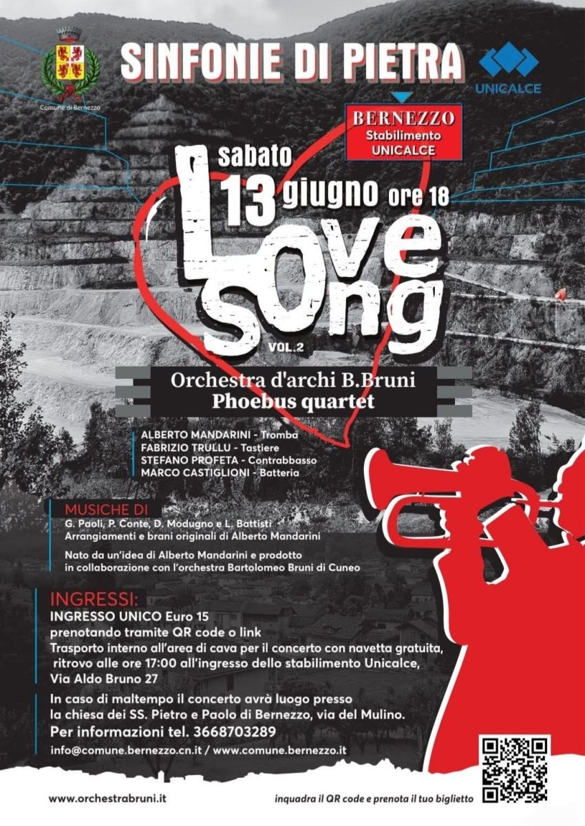 Love Song vol.2 - via Aldo Bruno 27 (stabilimento Unicalce), Bernezzo (CN) - Per una sera lo stabilimento Unicalce di Bernezzo cambierà volto.Gli spazi della cava diventeranno teatro di emozioni e musica con Love Song il concer...