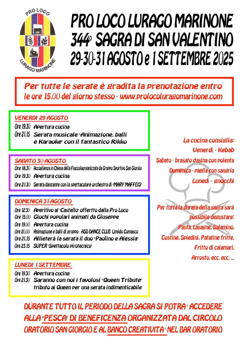 Sagra di San Valentino - Via Castello, 2 22070 Lurago Marinone, Lurago Marinone (CO) -  344ª Sagra di San Valentino – Lurago Marinone  29-30-31 agosto e 1 settembre 2025 Specialità della cucina: Venerdì: Kebab Sabato: Brasato d’asina con...