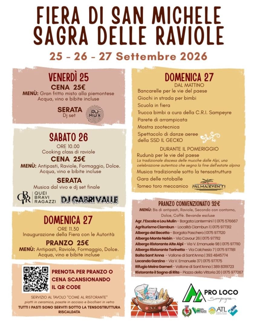 FIERA DI SAN MICHELE – SAGRA DELLE RAVIOLE - Centro città (TENSOSTRUTTURA), Sampeyre (CN) - 🍂 FIERA DI SAN MICHELE – SAGRA DELLE RAVIOLE 🍂📍 Sampeyre | 25 • 26 • 27 settembre 2026Tre giorni di festa, tradizione e convivialità nel cuore dell...