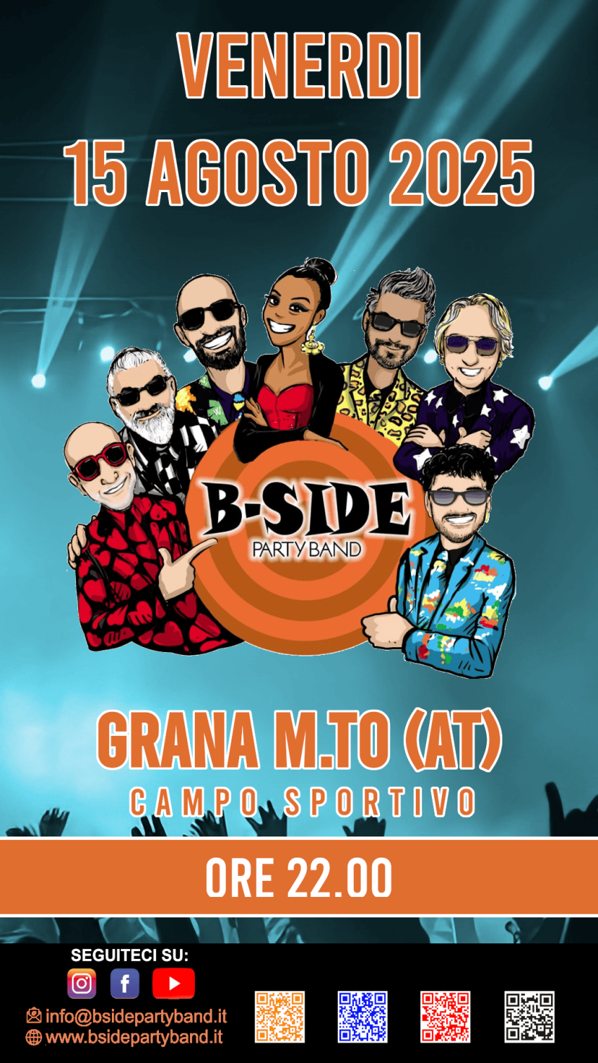 Bside Party Band live @ Grana Monferrato (AT) - presso campo sportivo in Via Serracastello , Grana (AT) - Ferragosto a ritmo di musica con la Bside Party Band – Grana (AT)
Il 15 agosto 2025, alle 22:00, la magia del Ferragosto in Piemonte prende vita a Gra...