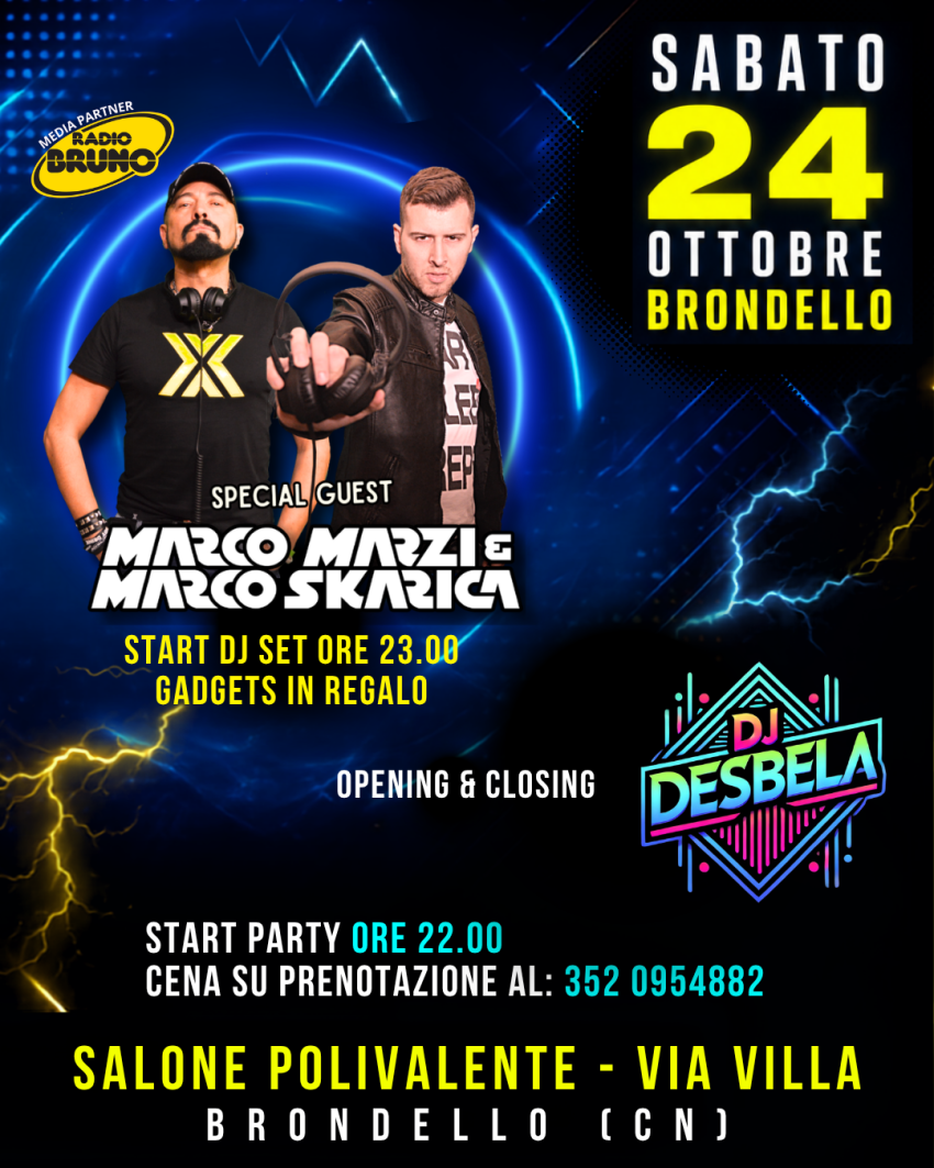 MARCO MARZI & MARCO SKARICA @ BRONDELLO (CN) - Via Villa, Brondello (CN) - 




SABATO 24 OTTOBRE la Proloco di Brondello organizza:
🎧 Guest Djs
🔥 MARCO MARZI & MARCO SKARICA
🔥 Opening & Closing DJ DESBELA
🎁 Tantissimi ga...